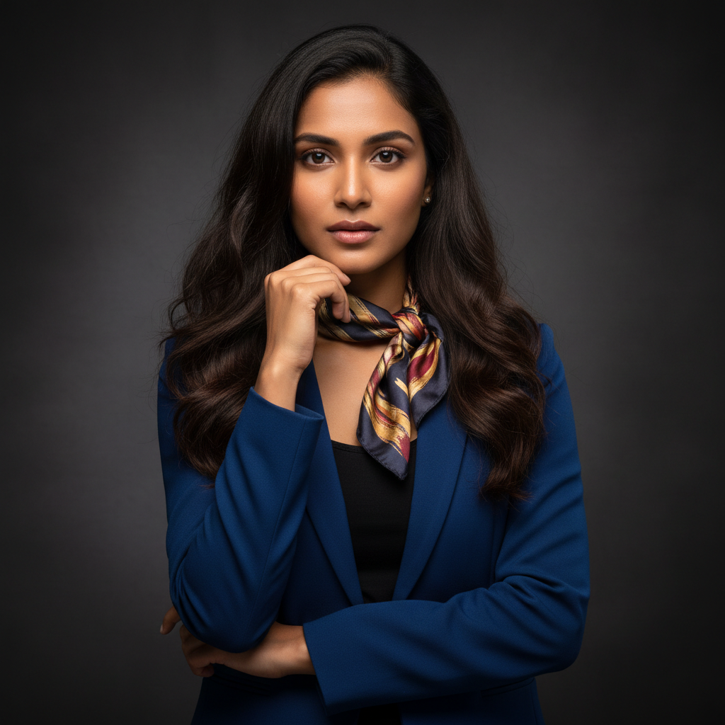 Ananya Krishnamurthy, Creative Director, young Indian woman with dark hair, professional portrait with warm studio lighting
