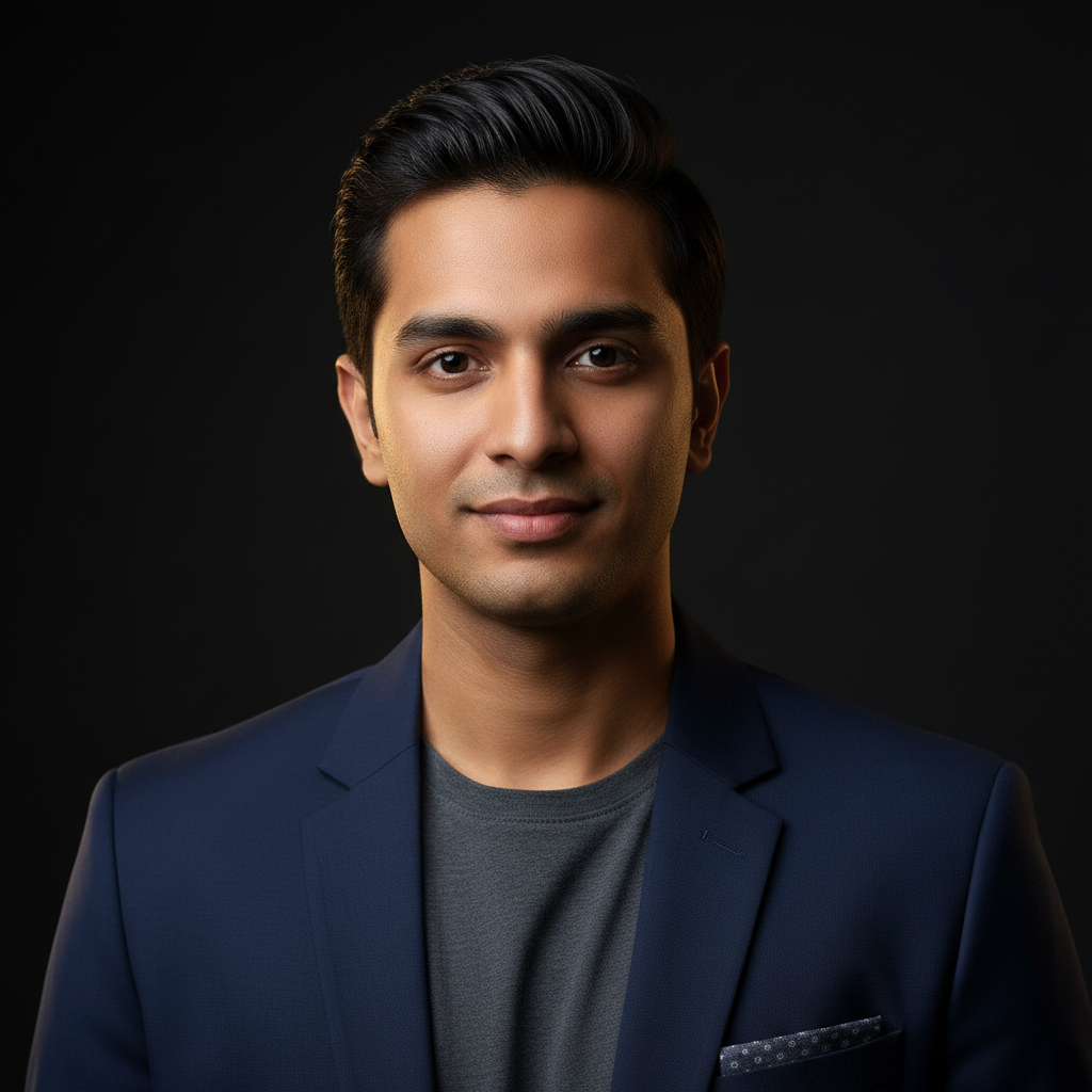 Ishaan Kapoor, Brand Manager, young Indian man in modern smart casual outfit, professional portrait in modern office